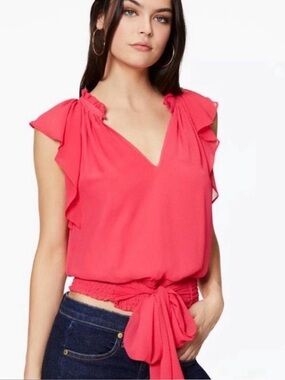$255 Ramy Brook Meredith Pink Tie-Waist Ruffle Sleeve Top Sz S
